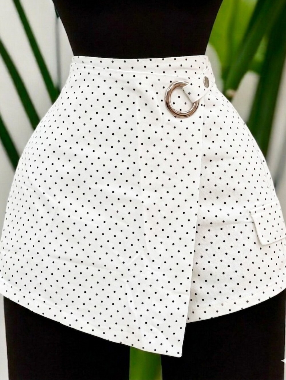 Polka Dot Wrap Skort with Silver Ring Detail - White/Black